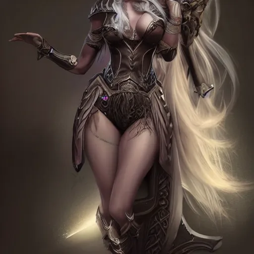 Prompt: Dark Elf, blonde hair, dark fantasy, feminine figure, gorgeous, pretty face, beautiful body, revealing outfit, high detail, realistic, cgsociety, artgerm, trending on artstation