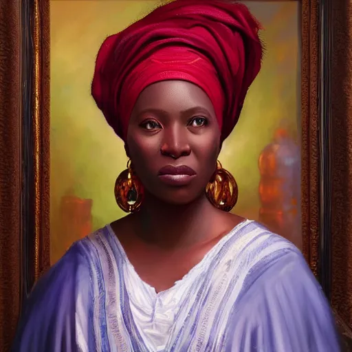 Image similar to portrait of an nigerian woman ( 3 5 ) from nigeria in 2 0 2 1, an oil painting by ross tran and thomas kincade