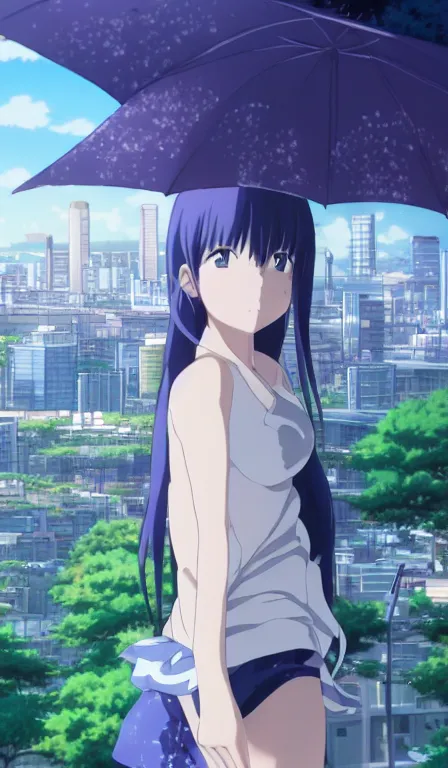 Prompt: anime fine details portrait of Mizore Shirayuki in front of modern tokyo city landscape on the background deep bokeh, close-up view, anime masterpiece by Studio Ghibli, 8k, sharp high quality anime, artstation