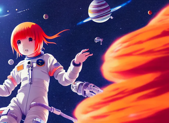 Image similar to anime portrait of a young astronaut girl floating inside a spacestation flowing orange hair no helmet, Karolis Strautniekas,omoide emanon, tsuruta kenji, murata range,kawaii, kyoto animation, manga, intricate, detailed, studio lighting, gradation,editorial illustration, matte print, Ilya Kuvshinov