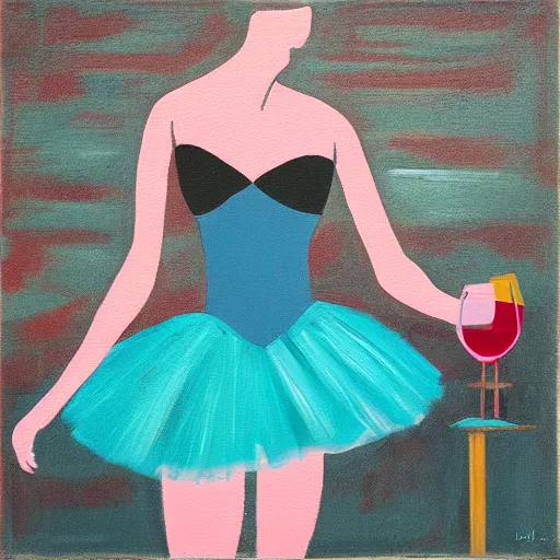 Image similar to square painting of a ballerina drinking wine in a teal room all on a red background