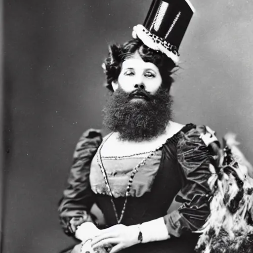 Prompt: Poster of a bearded lady circus show in the 19th century, 1900s photography