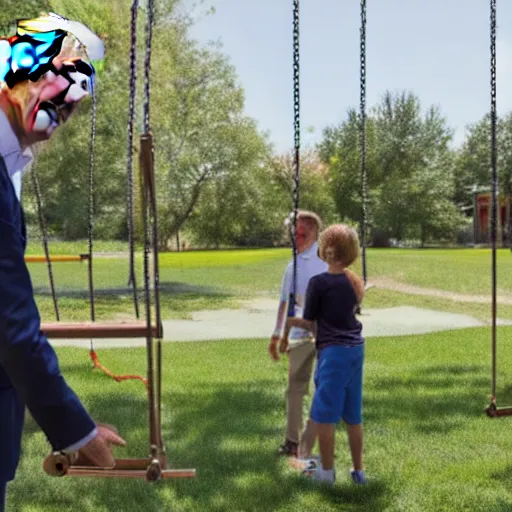 Image similar to Joe Biden rides a swing set while disappointed children watch him