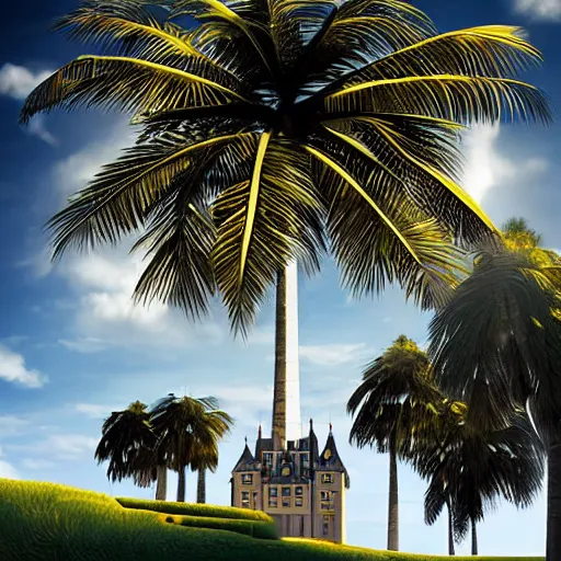 Image similar to a castle surrounded by giant palm trees on a giant floating island in the sky, giant light realistic light bulb glowing in the sky, cinematic, digital art by erik johansson, 8 k resolution, hyper detailed, sharp focus