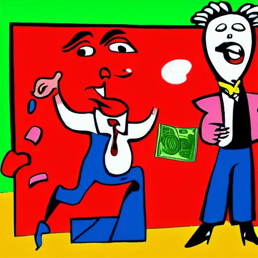 Prompt: A colorful surrealistic drawing of a crazy banker with a red nose throwing money in the air