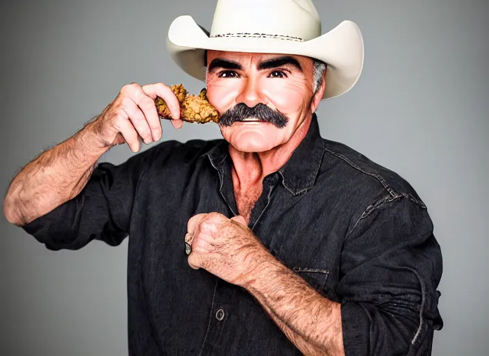 Prompt: studio portrait photo still of 3 0 year old burt reynolds at age 3 0 3 0 years old!!!! wearing a cowboy hat holding a bucket of fried chicken, 8 k, 8 5 mm f 1. 8, studio lighting, rim light, right side key light