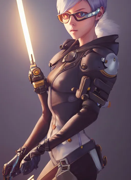 Prompt: highly detailed portrait tracer from overwatch as 2 b nier automata with glasses, unreal engine, fantasy art by greg rutkowski, loish, rhads, makoto shinkai and lois van baarle, ilya kuvshinov, rossdraws, tom bagshaw, global illumination, radiant light, detailed and intricate environment