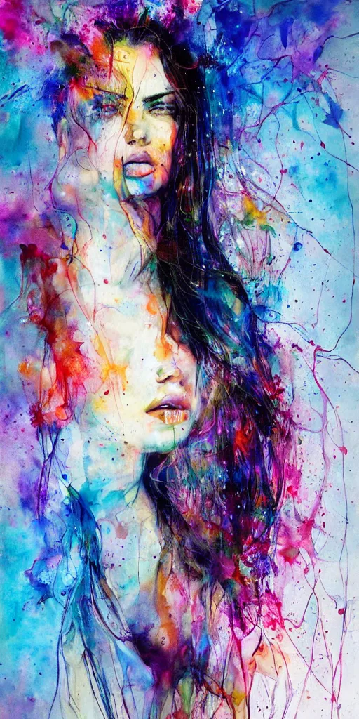 Image similar to adriana lima by agnes cecile enki bilal moebius, intricated details, sitting on a stool, full body portrait, extremely luminous bright design, pastel colours, drips, autumn lights