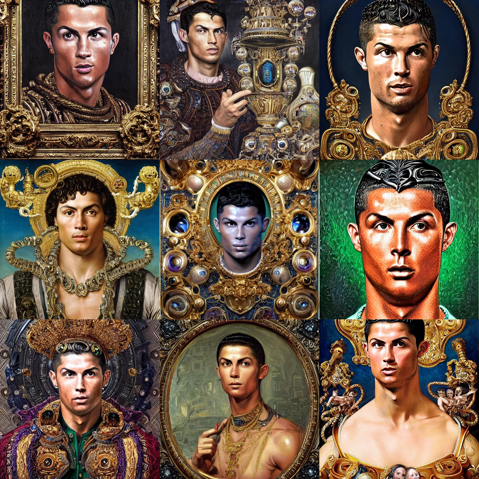 Prompt: renaissance oil painting, Cristiano Ronaldo integrating with technology, full face, frontal center, portrait, gaudy, detailed intricate ornate cables connected to the head, large open electric eyes, luxurious detailed abundant wiring and implants, diamonds, science fiction, neon, emeralds, detailed technology, full background, very detailed, artstation, Rene Lalique, Eddie Mendoza and Gil Elvgren