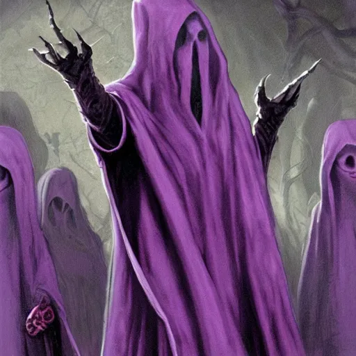 Image similar to cute undead purple cloaked liches, from the second edition of hollow's guide to summoning undead, summoning undead friends, highly detailed, by brom, by larry elmore, artstation