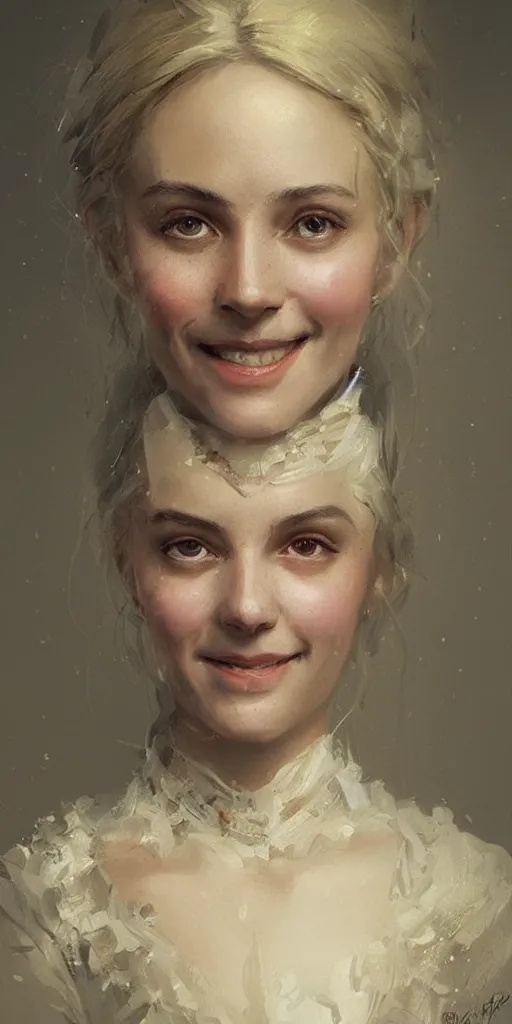 Prompt: Portrait of a smiling victorian aristocrat, happy, cheerful, detailed face, victorian, highly detailed, cinematic lighting, digital art painting by greg rutkowski