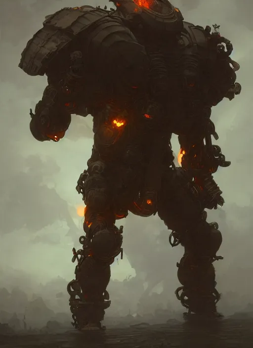 Image similar to a photorealistic dramatic hyperrealistic render of an armored fire golem by wlop, greg rutkowski, alphonse mucha, beautiful dynamic dramatic dark moody lighting, shadows, cinematic atmosphere, artstation, concept design art, octane render, 8 k