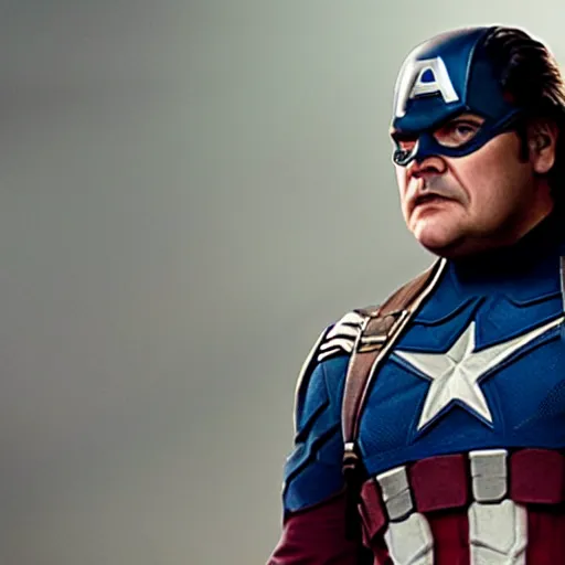 Prompt: film still of jack black as captain america, photography