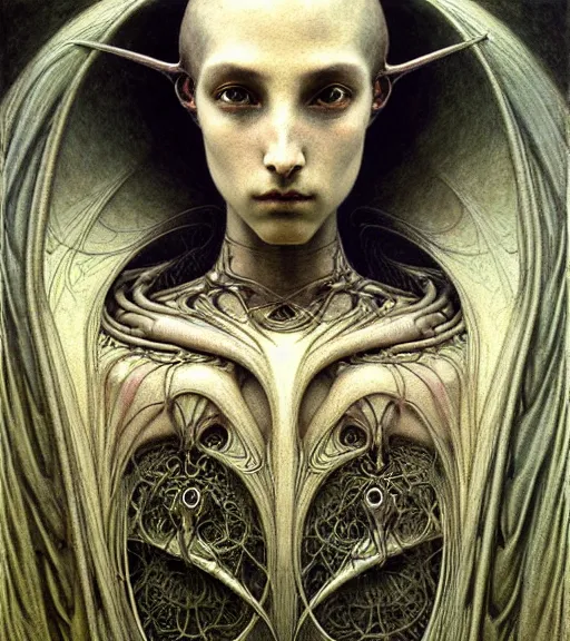 Image similar to detailed realistic beautiful young medieval alien robot grimez face portrait by jean delville, gustave dore and marco mazzoni, art nouveau, symbolist, visionary, gothic, pre - raphaelite. horizontal symmetry by zdzisław beksinski, iris van herpen, raymond swanland and alphonse mucha. highly detailed, hyper - real, beautiful