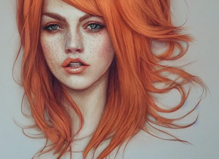 Prompt: portrait Girl with orange hair and freckles, cute-fine-face, white-hair pretty face, realistic shaded Perfect face, fine details. realistic shaded lighting by (((Loish)))