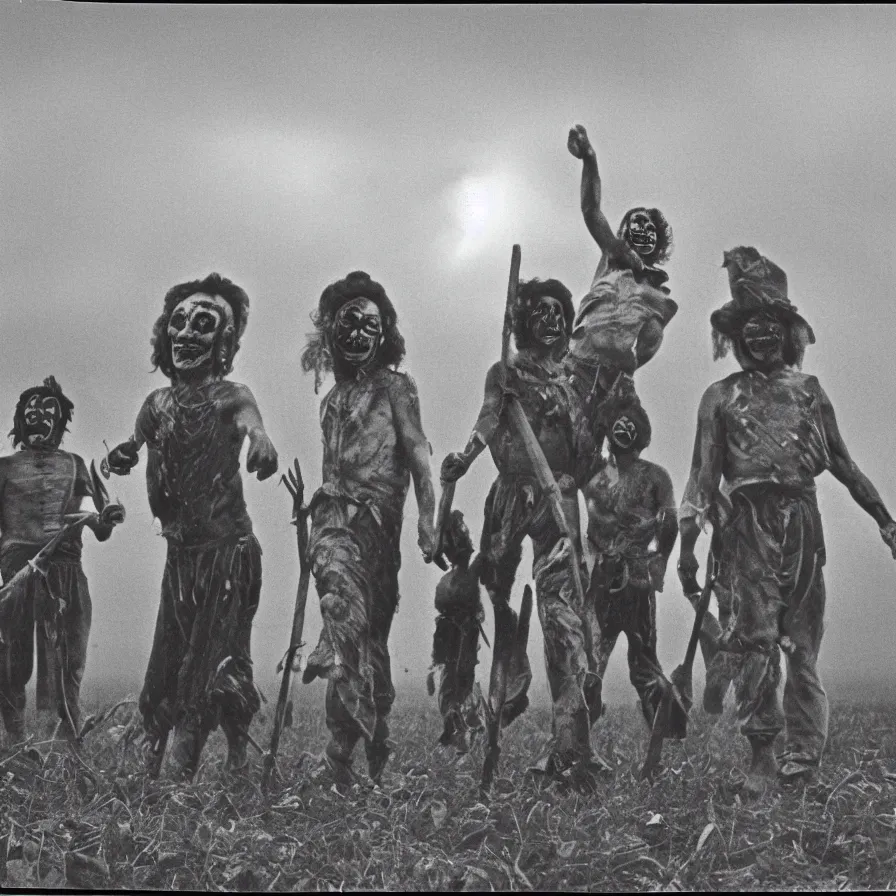 Image similar to circa 1 9 7 0 s restored 1 3 mm film photograph of a group of clowns in a field holding machetes at night, liminal, dark, thunderstorm, dark, flash on, blurry, ominous lighting