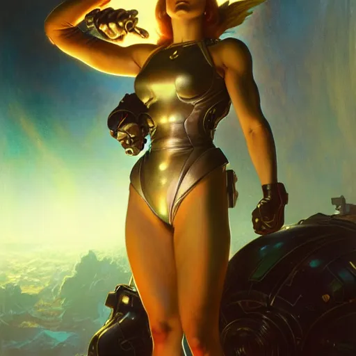 Image similar to of Samus Aran, dark fantasy, medium shot, intricate, elegant, highly detailed, digital painting, volumetric light, artstation, concept art, smooth, sharp focus, illustration, art by Gil Elvgren and Greg Rutkowski and Alphonse Mucha