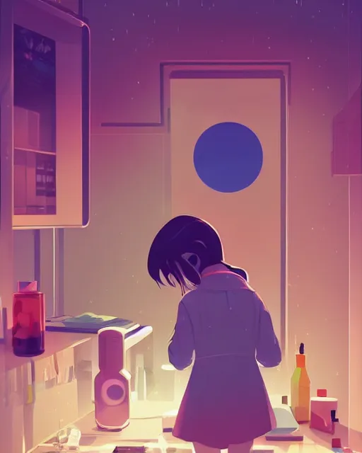 Image similar to a little girl is doing a science experiment. clean cel shaded vector art. minimalist illustration art by lois van baarle, artgerm, helen huang, petros afshar by makoto shinkai and ilya kuvshinov, rossdraws