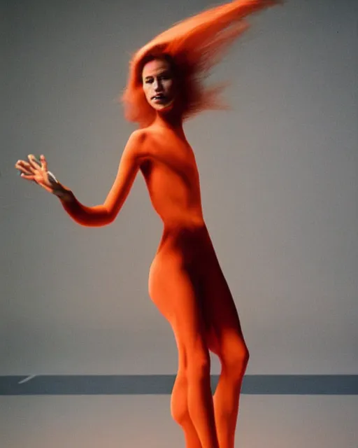 Prompt: expressively dancing on a bold James Turrell lit stage, a beguiling modern dancer dynamic Pantene gorgeous long luxurious hair flowing and flipping, high fashion photograph, isolated on vivid orangered, By Steven Meisel, by WLOP