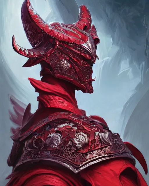 Image similar to Portrait of a Fantasy crimson knight, moonlit, HD, illustration, epic, D&D, fantasy, intricate, elegant, highly detailed, digital painting, artstation, concept art, smooth, sharp focus, illustration, art by artgerm and greg rutkowski and alphonse mucha, monster hunter illustrations art book