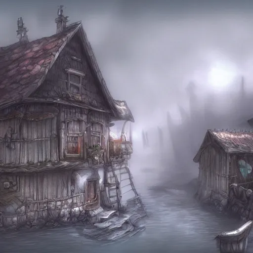 Image similar to A dilapidated foggy village inhabited by black mages as seen in final fantasy 9 Vivi, digital painting, concept art, artstation