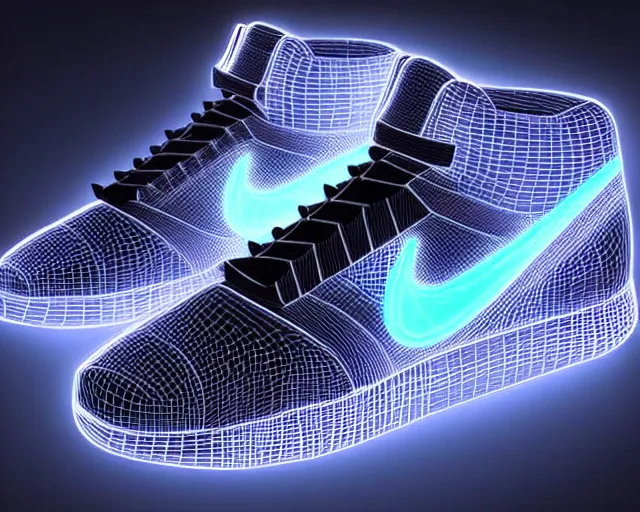 Image similar to A 3D concept desing of futuristic nike sneakers with neon lights from below