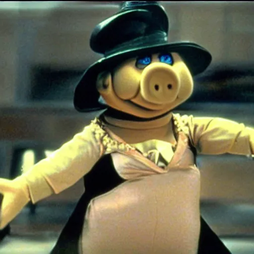 Image similar to Miss Piggy as Trinity in The Matrix (1999) action bullet time, leather outfit, explosions scene from movie