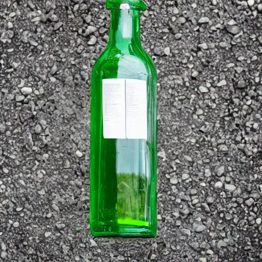 Prompt: symmetrical photo of bottle standing on asphalte