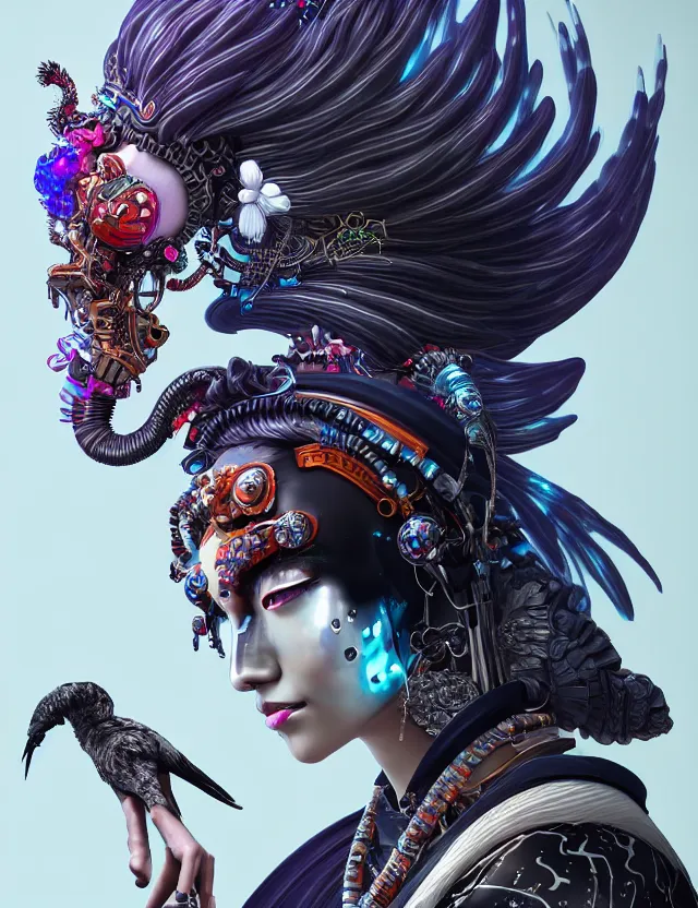 Image similar to 3 d goddess close - up profile portrait cyberpunk with ram skull. beautiful intricately detailed japanese crow kitsune mask and clasical japanese kimono. betta fish, jellyfish phoenix, bio luminescent, plasma, ice, water, wind, creature, artwork by tooth wu and wlop and beeple and greg rutkowski