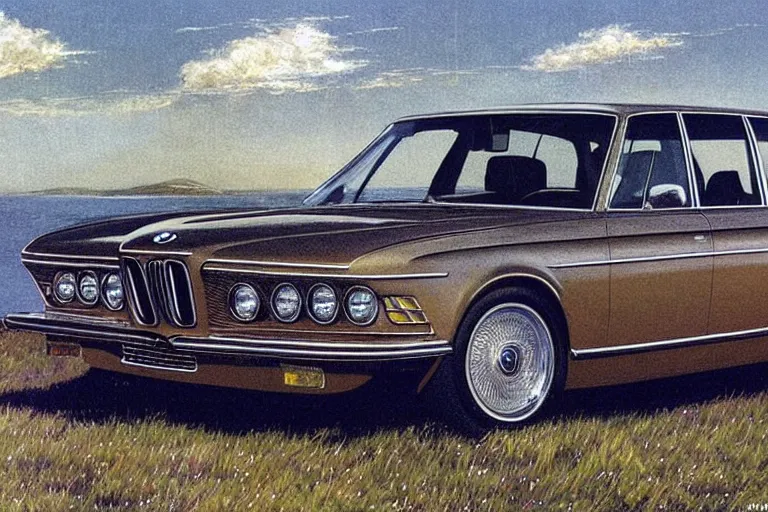 Prompt: intricate, 3 d, 1 9 7 0 shark nose bmw 7 series two - door wagon estate, style by caspar david friedrich and wayne barlowe and ted nasmith.