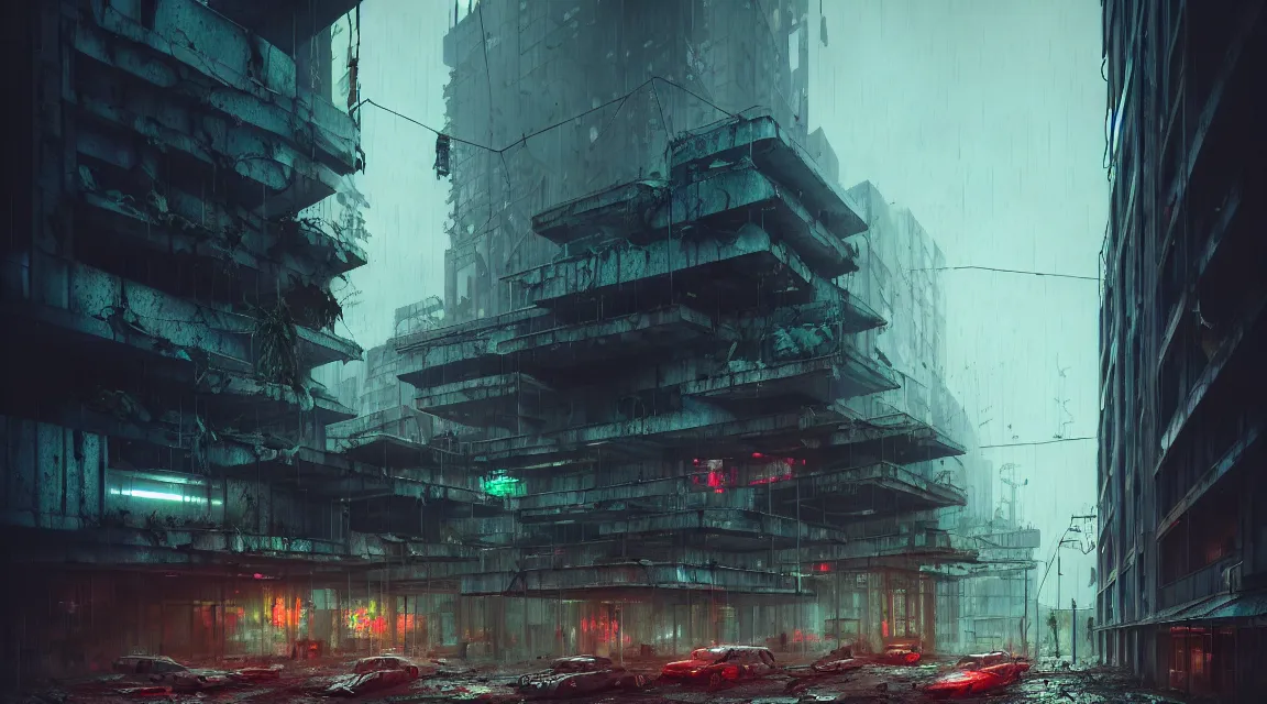 Image similar to post apocalyptic city building, raining, building, avenue, modern contemporary urban americana concrete architecture, by pascal blanche, neil blevins, cyberpunk color scheme, trending on artstation, photorealistic, neon ambiance, ultra detailed, high definition, depth of field, bokeh, rubble, wild vegetation, blood stains, building crumbling, post - apocalyptic warriors