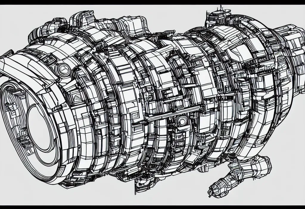 Prompt: b & w technical drawing of a sci - fi plasma engine, side view, sharp detail, line art