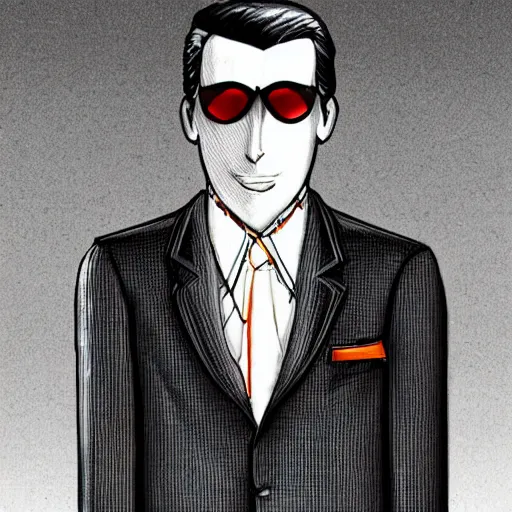 Prompt: a 1 9 8 0 s businessman, wearing a pinstripe suit, hair in slick low ponytail, sunglasses. secret vampire. b / w ink character concept art by guy davis.
