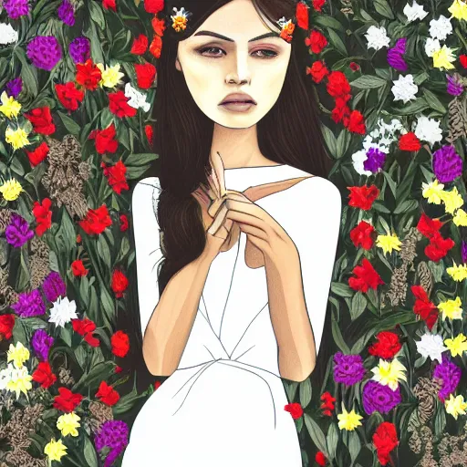 Prompt: Woman against a background of flowers, they are intertwined in her hair, the color of her hair white, coral lips and brown skin, she is in a white satin dress, photorealism style