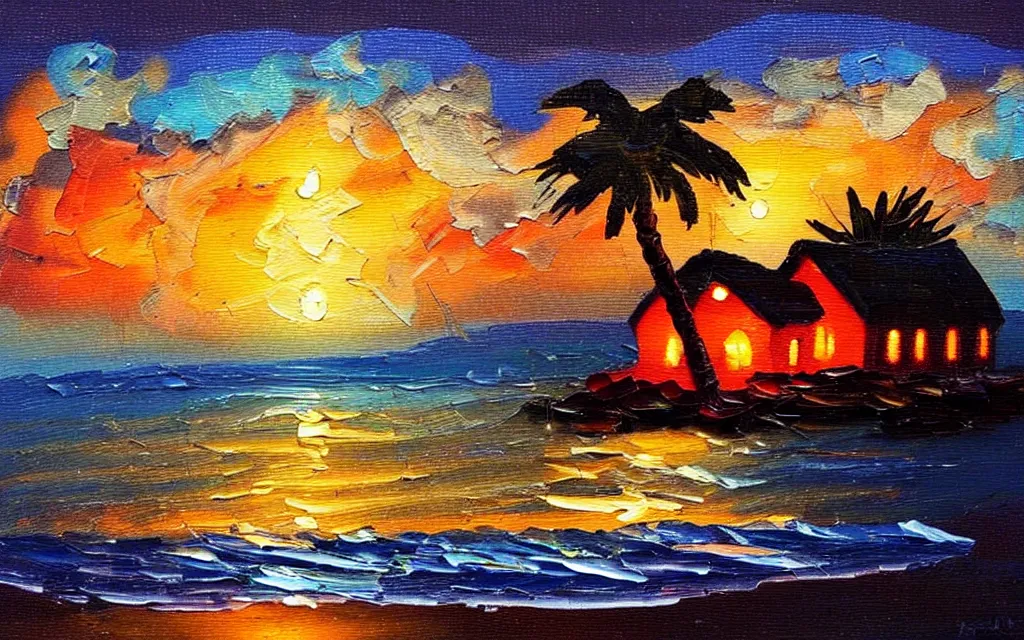 Prompt: a very very small island! cute cozy cottage!! and lanterns!!!, chairs, fireplace, palm trees, dark very late evening cloudy sunset, dramatic and dynamic lighting, thick brush strokes oil impasto painting