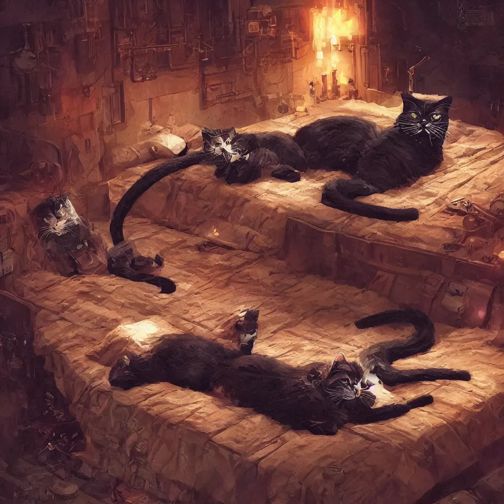 Image similar to cat character laying on bed, wood carved bed, darth vader as cat waiter, cute cat, cyber punk cat, big cat, super powers, concept art, by greg rutkowski, old copper pipes, complementing colors