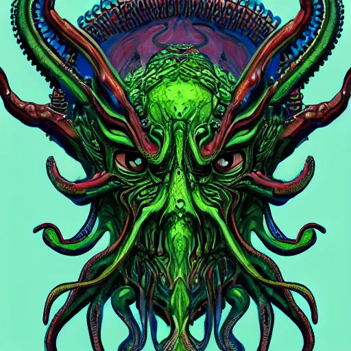 Image similar to 4 k colored headshot of godlike cthulhu with defined arms and open hands and bloody clothes with giant mandala wings, intricate face, flawless anime cel animation by kentaro miura, psychedelic, highly detailed upper body, professionally post - processed, beautiful, scary, symmetry accurate features, epic, octane rendered, anime masterpiece, accurate