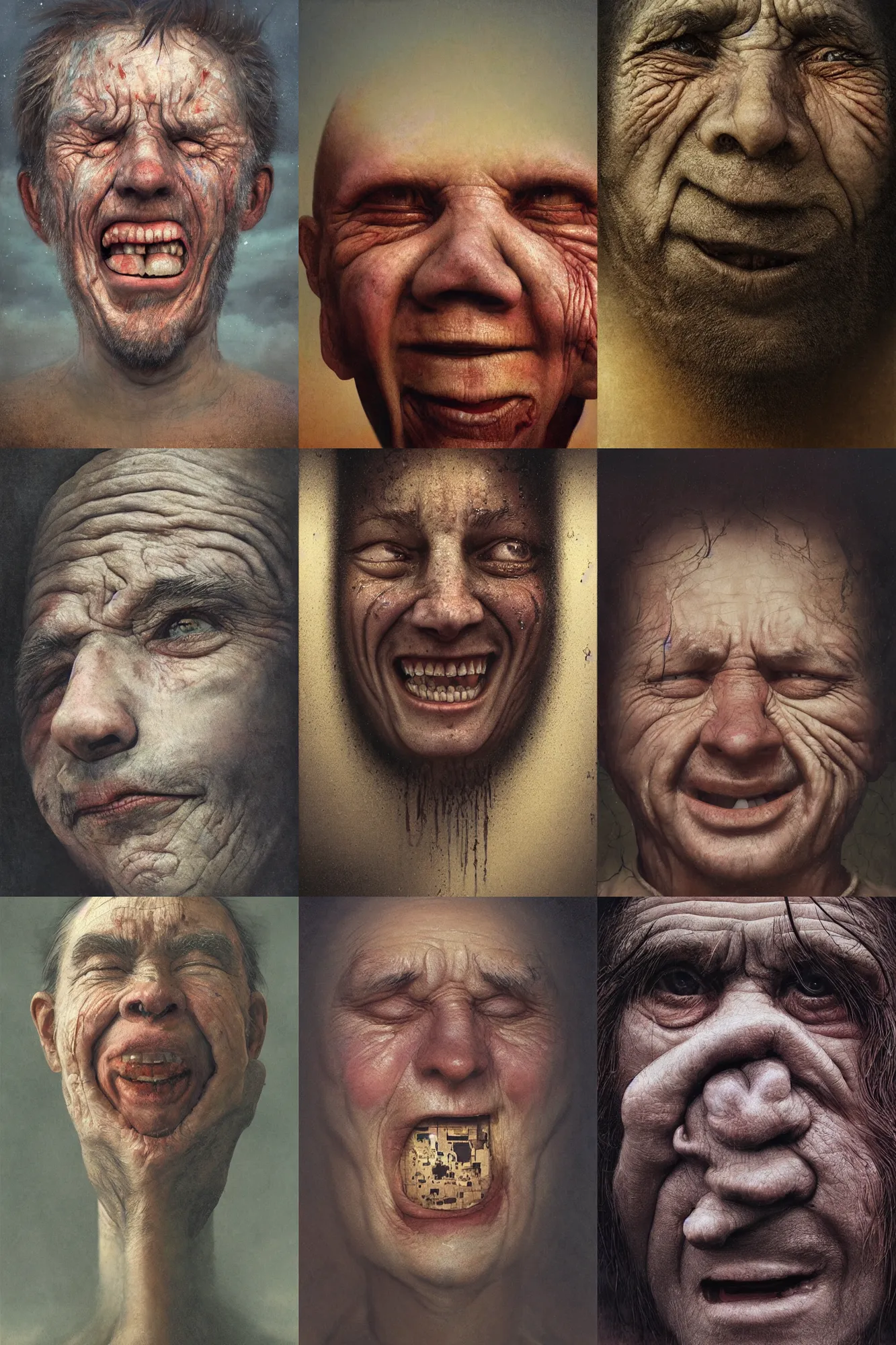 Image similar to close-up face portrait of a human crying and smiling, Les Edwards, Zdzislaw Beksinski, Carl Gustav Carus, John Harris, Michal Karcz, Zhang Kechun, Mikko Lagerstedt, Scott Listfield, Steven Outram, Jessica Rossier