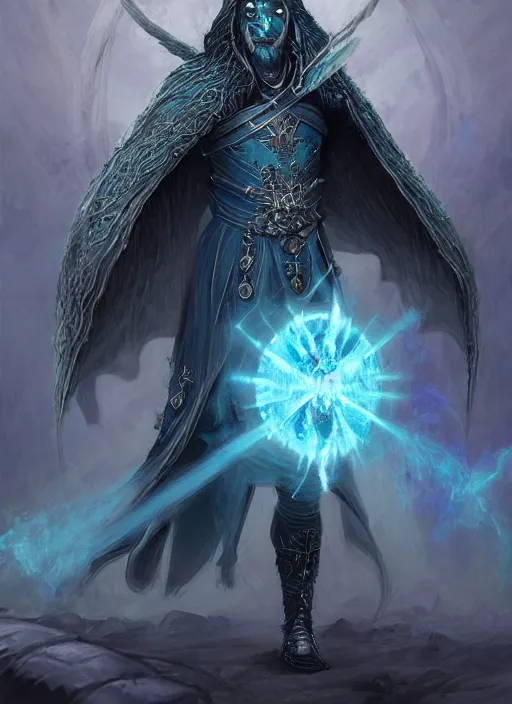 Prompt: hexblade warlock aasimar, teal electricity, male, Massive angel wings, silver shaggy hair, short scruffy beard, cloak, Ivan Aivakovsky, Boris Vallejo, epic fantasy character art, D&D Concept Art, full length, Realistic, Regal, Refined, Detailed Digital Art, Oil Paining, Exquisite detail, post-processing, masterpiece, Cinematic Lighting, Unreal Engine, 8k, HD