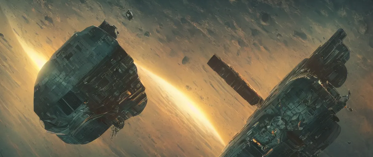 Prompt: tiny spaceship, deep space exploration!!!, flying, the expanse tv series, industrial design, the final frontier, illustrative!!, punk!!!, space pirate, hyperdetailed, hyperrealistic, utilitarian cargo ship, underexposed, cinematic lighting, 4k, wide angle, beksinski, (neon colors)