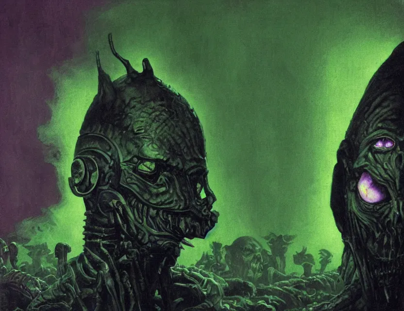 Image similar to a close - up view portrait of a silhouetted supernatural goblin in brutalist halls with metallic alien technology. close - up view, detailed textures. glowing green purple fog, dark black background. highly detailed fantasy science fiction painting by moebius, norman rockwell, frank frazetta, and syd mead. rich colors, high contrast