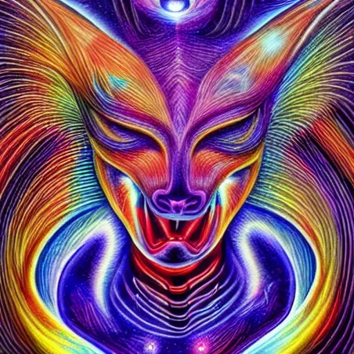 Image similar to cosmic alien lightning fox , Alex grey, realistic 4k deep color