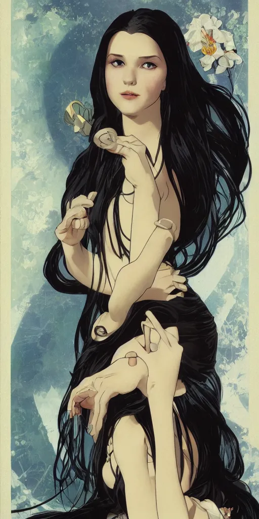 Prompt: character poster of young girl with straight long black hair wearing black dress sitting in bath, poster by capcom art team collaborating with artgem, greg rutkowski and alphonse mucha