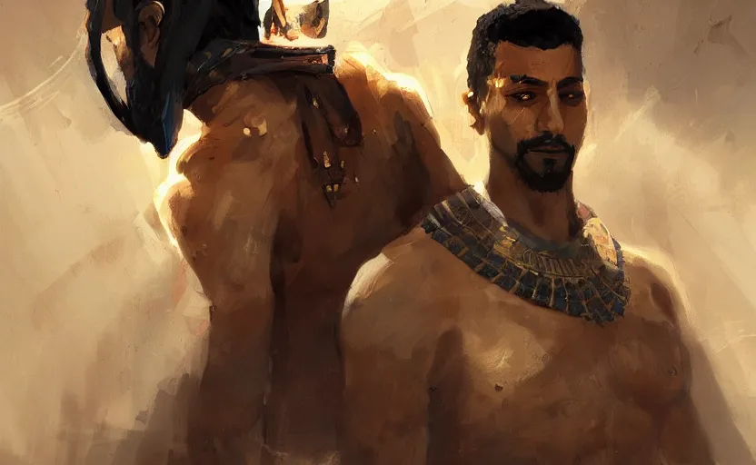 Prompt: A painting of a beautiful Egyptian man trending on artstation in the style of Greg Rutkowski