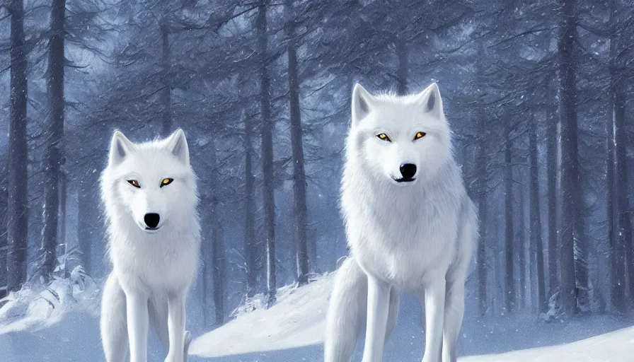 Prompt: Bright white wolf with blue eyes in a snowy landscape, hyperdetailed, artstation, cgsociety, 8k