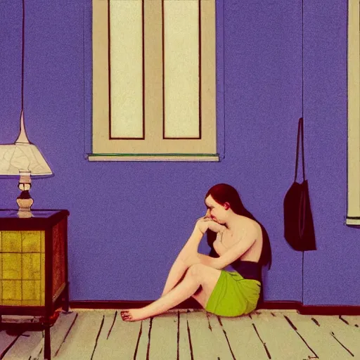 Image similar to a a lonely girl in a liminal room, film still by wes anderson, depicted by velazquez, limited color palette, very intricate, art nouveau, highly detailed, lights by hopper, soft pastel colors, minimalist