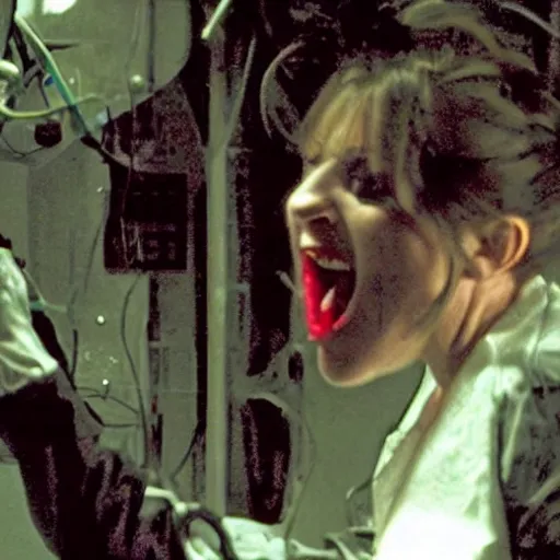 Image similar to screenshot from a movie showing a rabid vampire bat attacking a female scientist in a biolab.