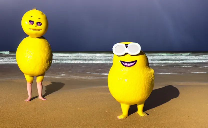 Image similar to a photograph, of a real anthropomorphic lemon cartoon character, it has lemon skin texture, otand a vr goggles, it's building a sandcastle on the beach at sunset, beach, huge waves, bright sun, turbid clouds, rainbow, tropical trees, rim light, sand, sandcastle, volumetric lightening, pentax k 1 0 0 0