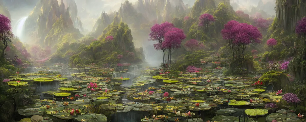 Prompt: path thru flower valley with little lotus ponds, birds eye, vista view, peter mohrbacher, vladimir kush, michael whelan, bill stoneham, tsutomu nihei, jane graverol, kay sage, digital art, airbrush, art nouveau, intricate, clear, looming, epic, depth, artstation, highly detailed, blender, Unreal Engine, octane render, vray, 8k