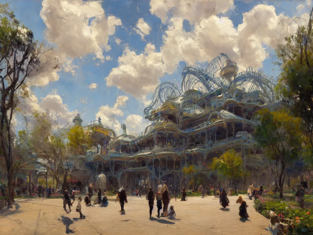 Image similar to impressionist brushstrokes!!!! solomon joseph solomon and richard schmid and jeremy lipking victorian loose genre loose painting of a busy elaborate ornate outdoor sci - fi park, cinematic, shadows, partly cloudy day, 4 k, detailed, by ( ( ( zaha hadid and beeple ) ) )